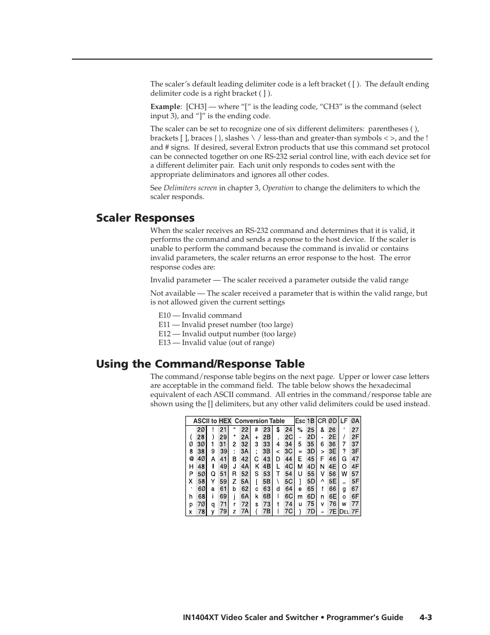 Scaler responses, Using the command/response table | Extron electronic IN1404XT User Manual | Page 59 / 82