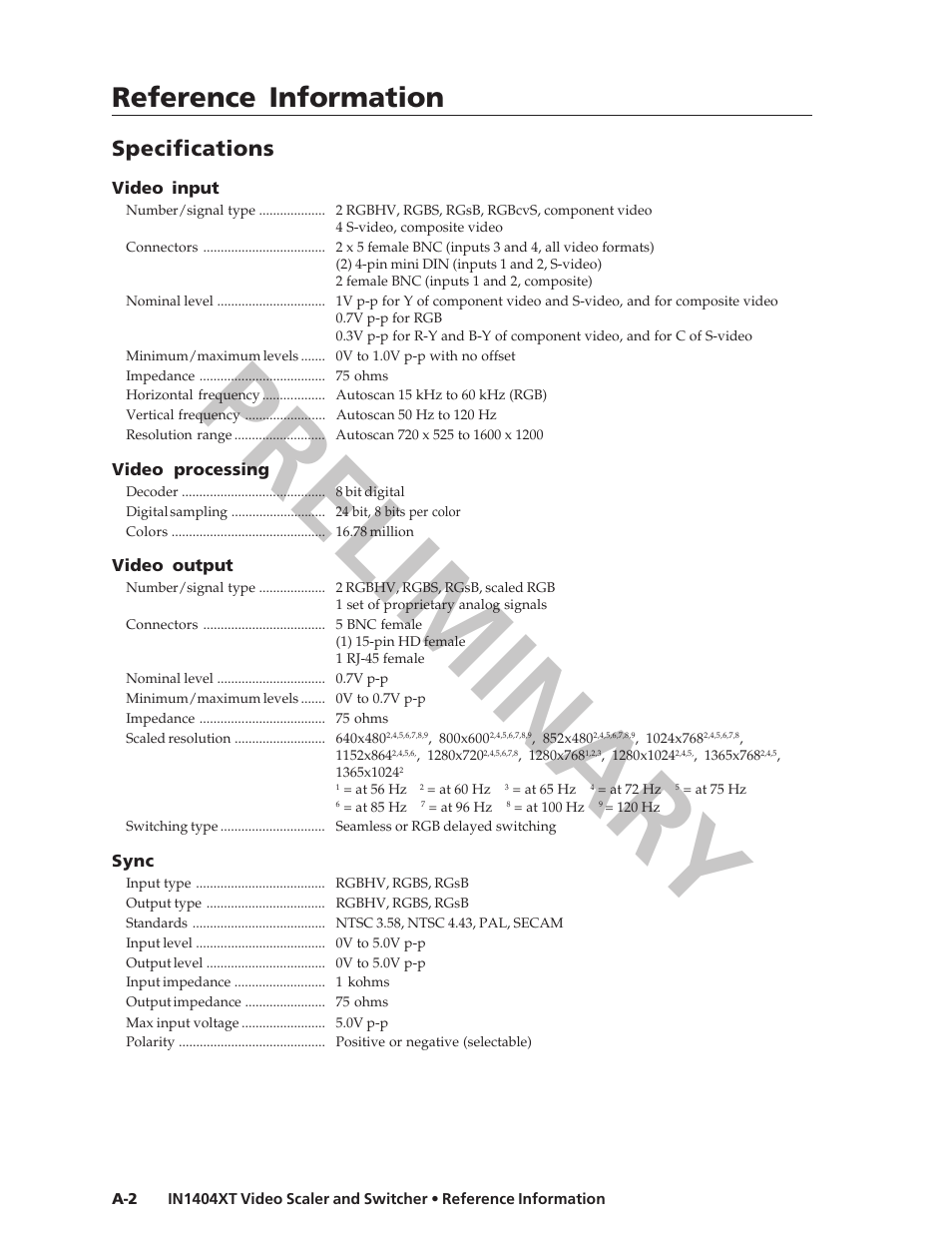 Preliminar y, Reference information, Specifications | Extron electronic IN1404XT User Manual | Page 74 / 82