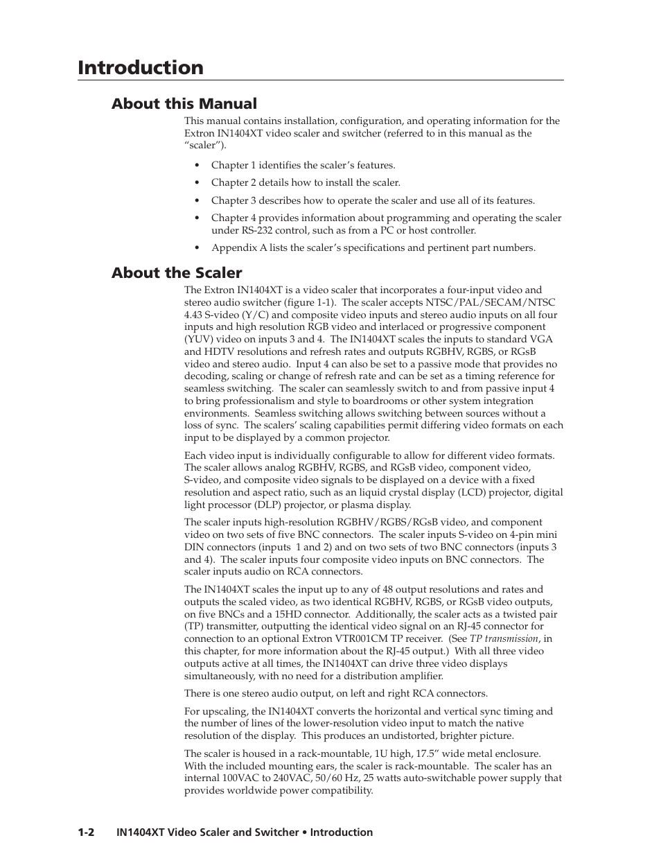 Introduction, Introduction, cont’d, About this manual | About the scaler | Extron electronic IN1404XT User Manual | Page 8 / 82