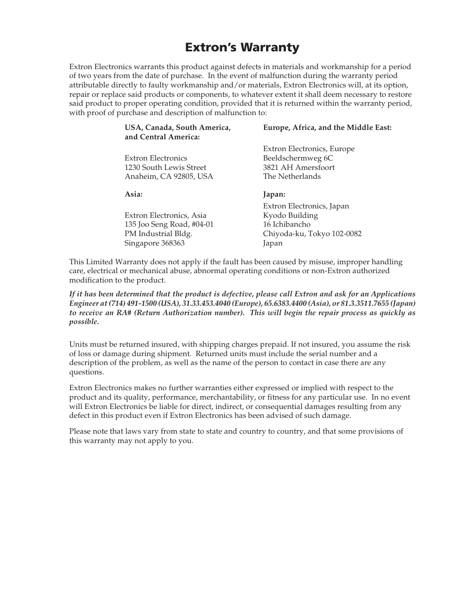 Extron’s warranty | Extron electronic IN1404XT User Manual | Page 81 / 82