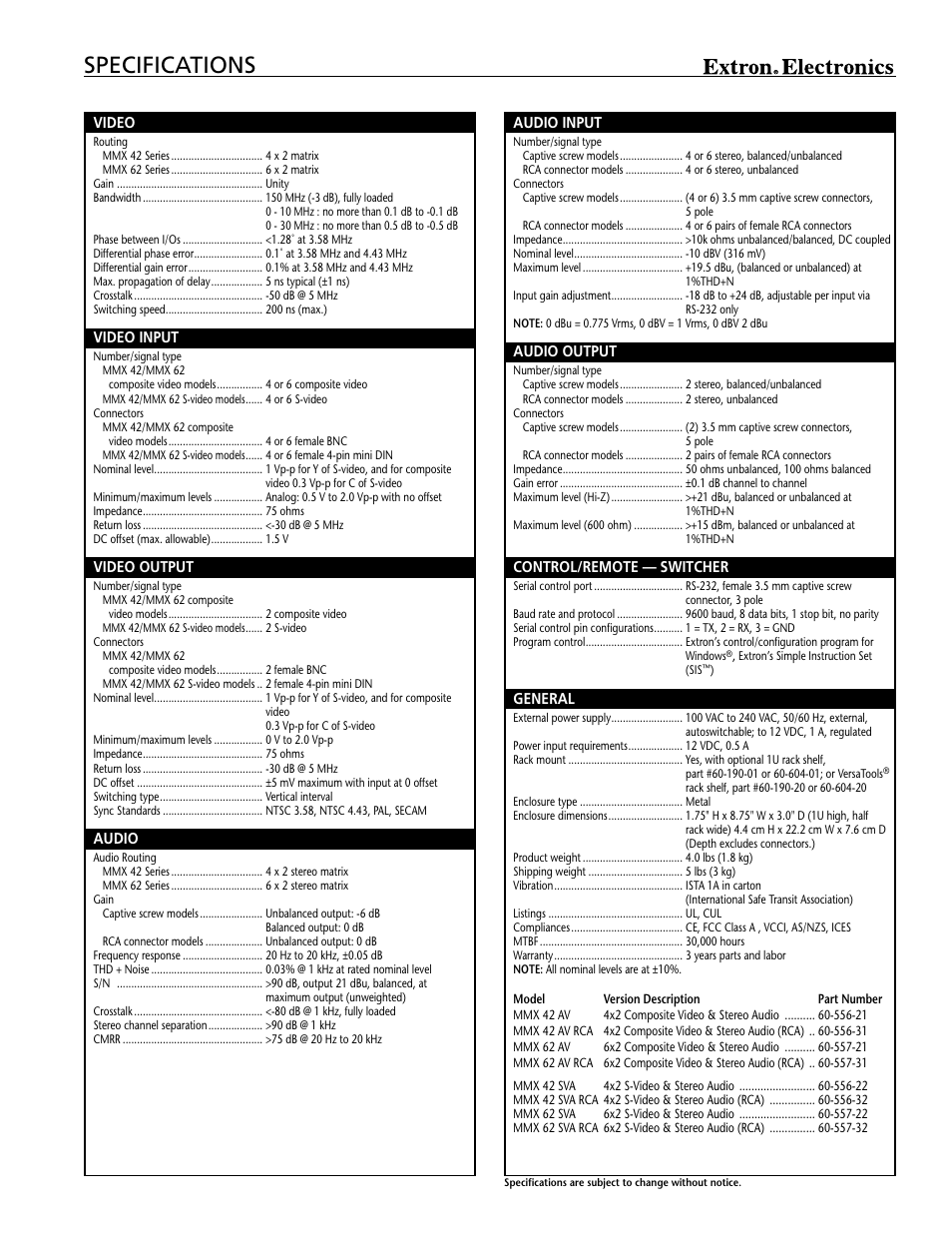 Specifications | Extron electronic MMX 62 SVA RCA User Manual | Page 3 / 4