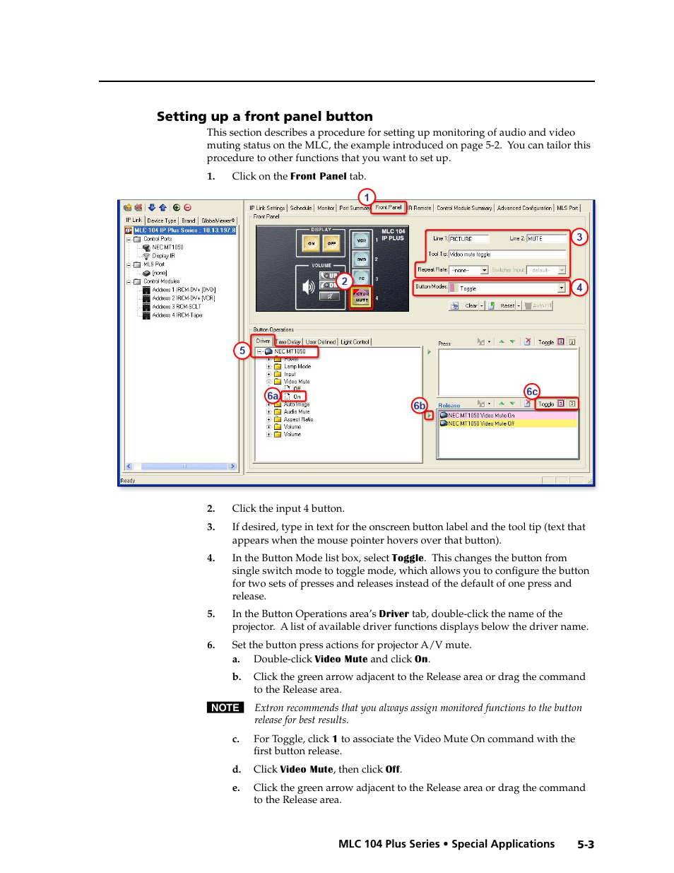 Setting up a front panel button, Setting up a front panel button -3, Preliminar y | Extron Electronics MLC 104 Plus Series User Manual | Page 107 / 188