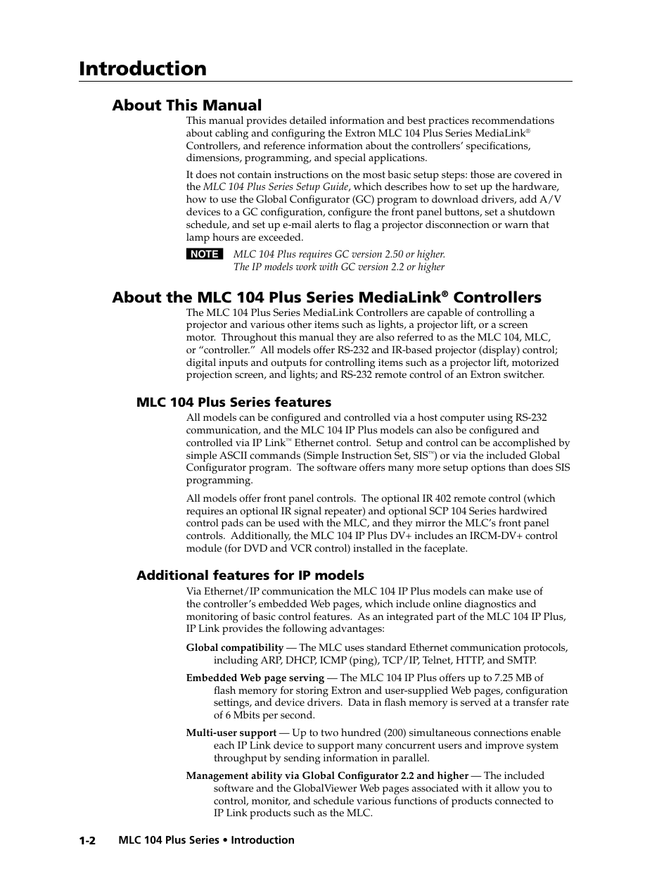 About this manual, Mlc 104 plus series features, Additional features for ip models | About the mlc 104 plus series medialink, Controllers, Preliminar y, Introduction | Extron Electronics MLC 104 Plus Series User Manual | Page 12 / 188