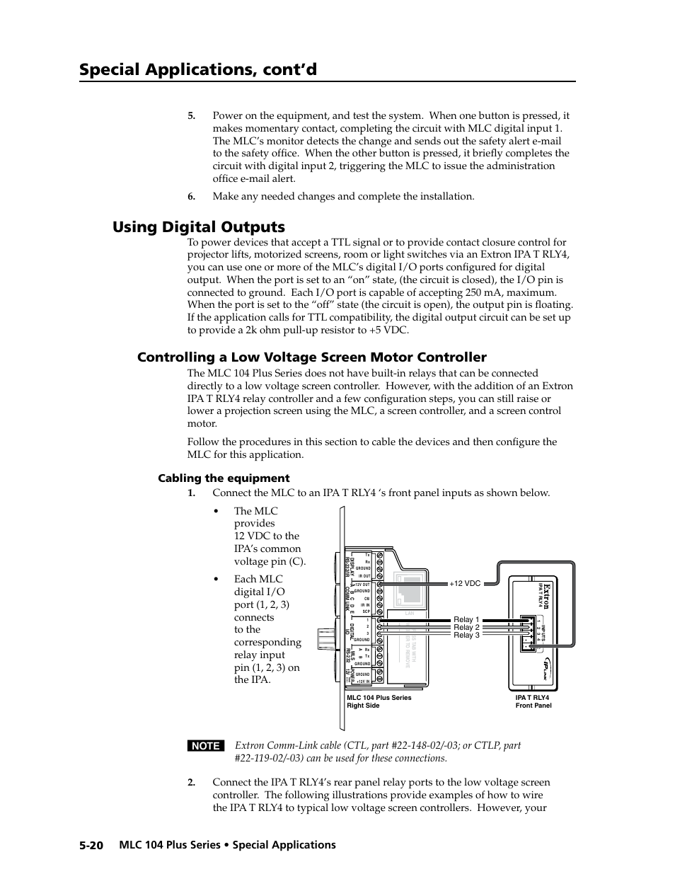 Using digital outputs, Controlling a low voltage screen motor controller, Cabling the equipment | Cabling the equipment -20, In chapter, Preliminar y, Special applications, cont’d | Extron Electronics MLC 104 Plus Series User Manual | Page 124 / 188