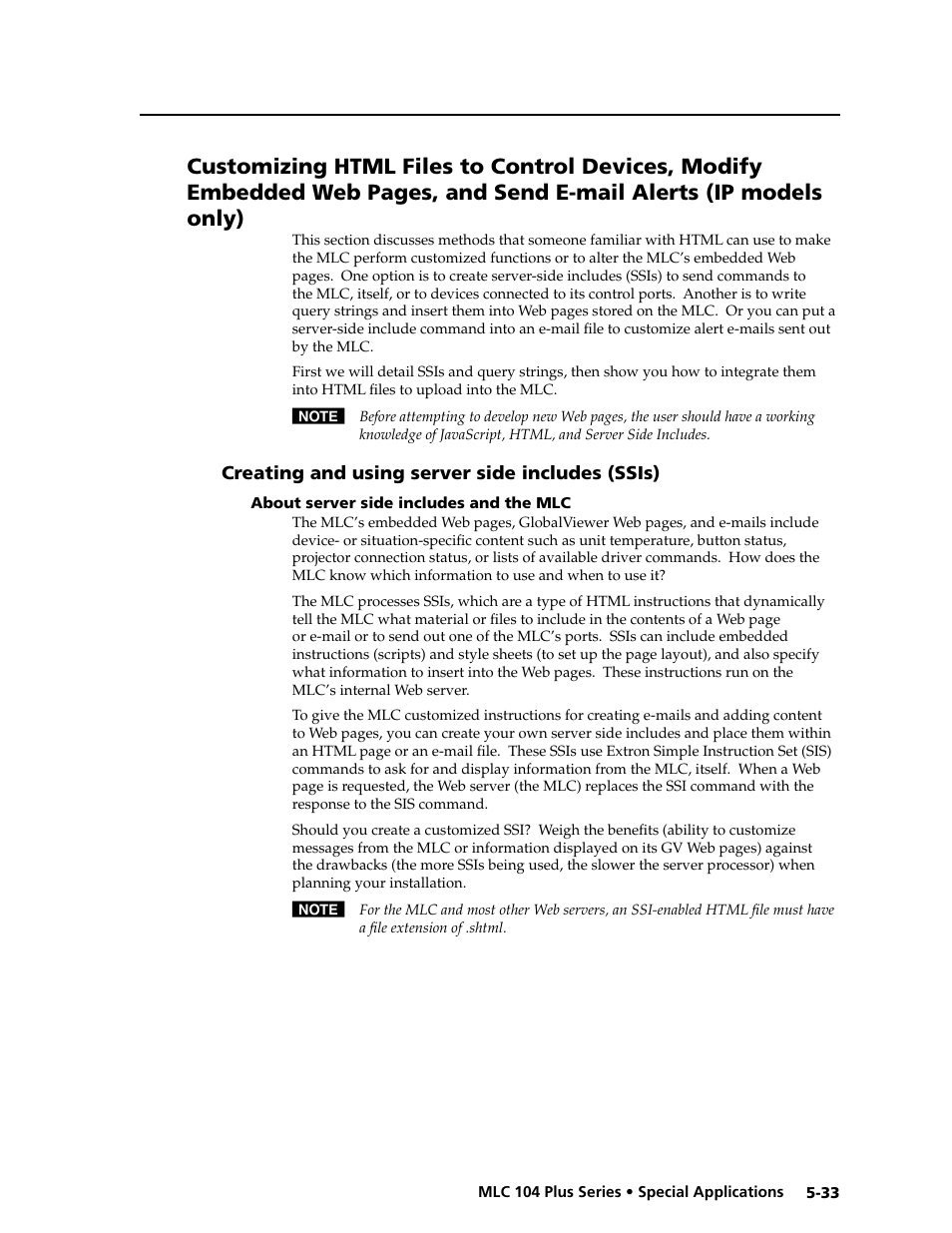Creating and using server side includes (ssis), About server side includes and the mlc, About server side includes and the mlc -33 | Preliminar y | Extron Electronics MLC 104 Plus Series User Manual | Page 137 / 188