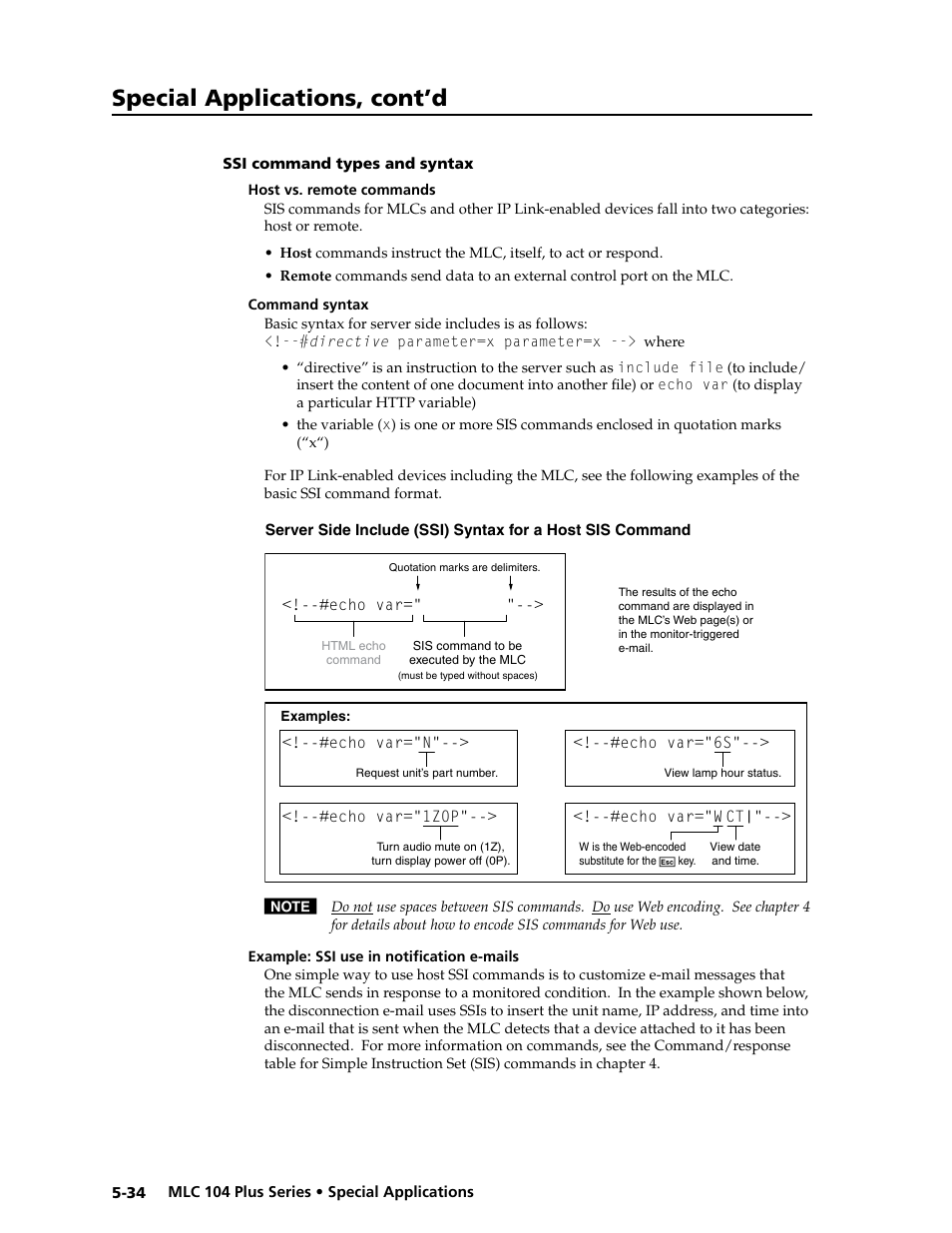 Ssi command types and syntax, Host vs. remote commands, Command syntax | Example: ssi use in notification e‑mails, Ssi command types and syntax -34, Preliminar y, Special applications, cont’d | Extron Electronics MLC 104 Plus Series User Manual | Page 138 / 188