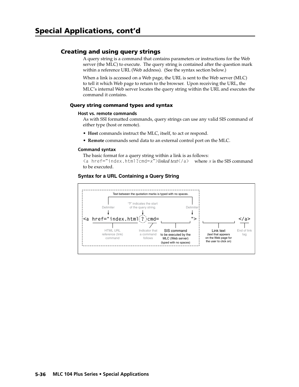 Creating and using query strings, Query string command types and syntax, Host vs. remote commands | Command syntax, Creating and using query strings -36, Query string command types and syntax -36, Host vs. remote commands -36 command syntax -36, Preliminar y, Special applications, cont’d | Extron Electronics MLC 104 Plus Series User Manual | Page 140 / 188