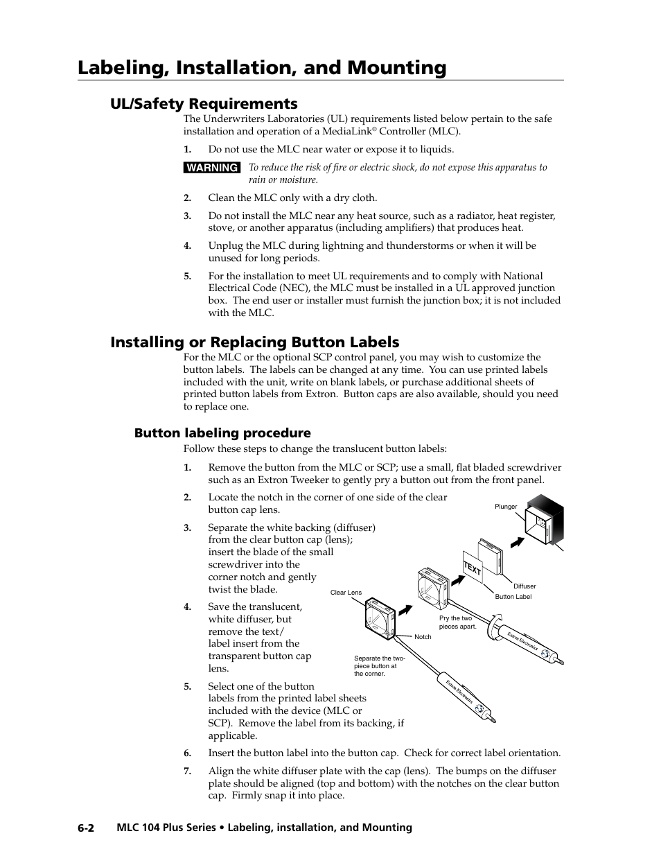 Ul/safety requirements, Installing or replacing button labels, Button labeling procedure | Button labeling procedure -2, Preliminar y, Labeling, installation, and mounting | Extron Electronics MLC 104 Plus Series User Manual | Page 142 / 188