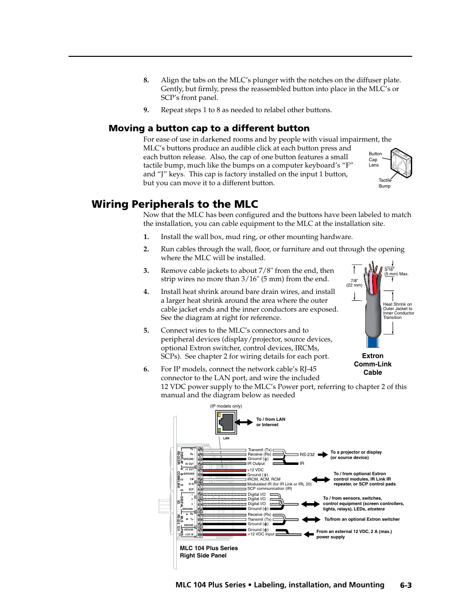 Moving a button cap to a different button, Wiring peripherals to the mlc, Moving a button cap to a different button -3 | Preliminar y, Extron comm-link cable | Extron Electronics MLC 104 Plus Series User Manual | Page 143 / 188