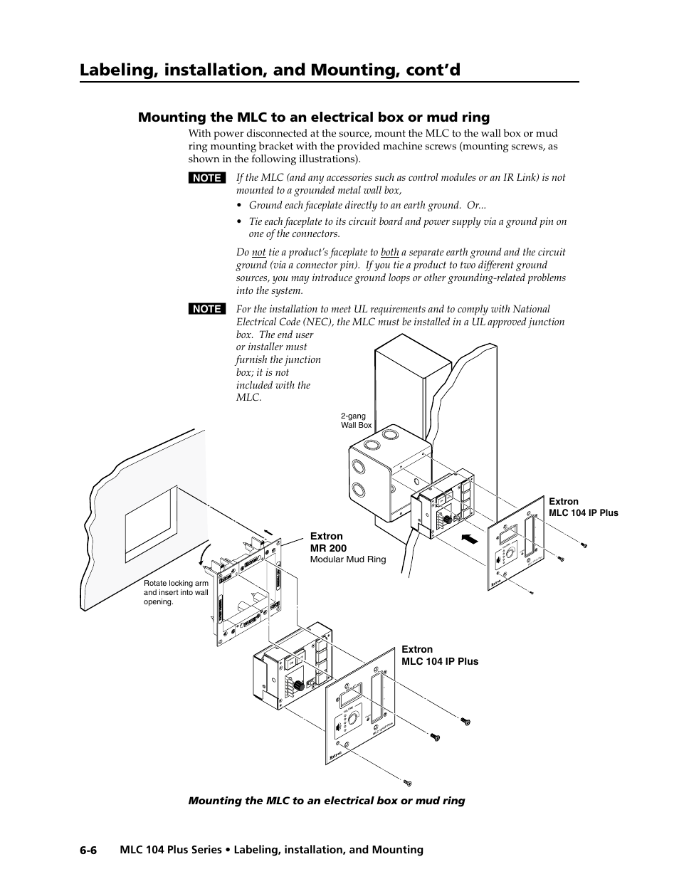 Mounting the mlc to an electrical box or mud ring, Preliminar y, Labeling, installation, and mounting, cont’d | Co nfig, Extron mr 200, Extron mlc 104 ip plus | Extron Electronics MLC 104 Plus Series User Manual | Page 146 / 188