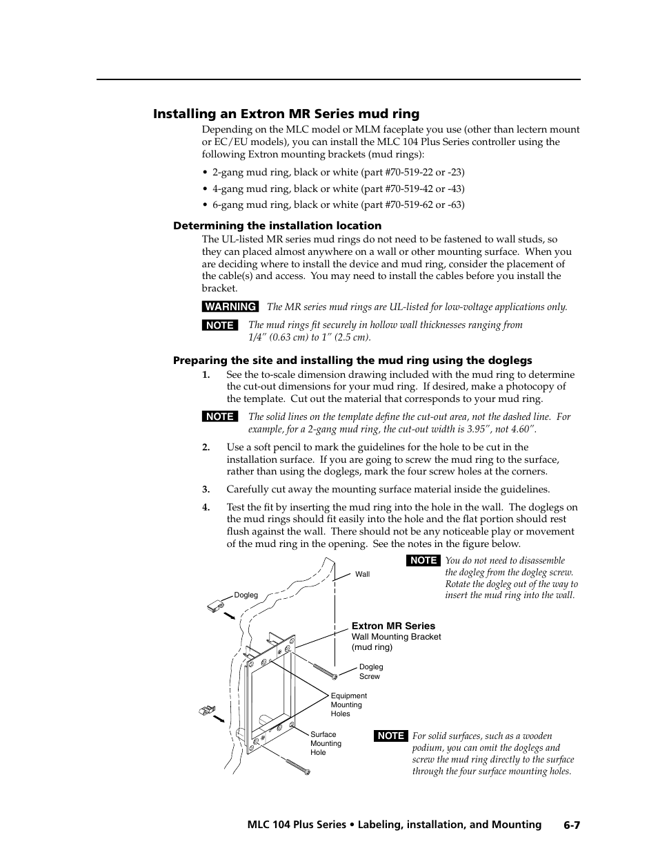 Installing an extron mr series mud ring, Determining the installation location, Installing an extron mr series mud ring -7 | Preliminar y | Extron Electronics MLC 104 Plus Series User Manual | Page 147 / 188