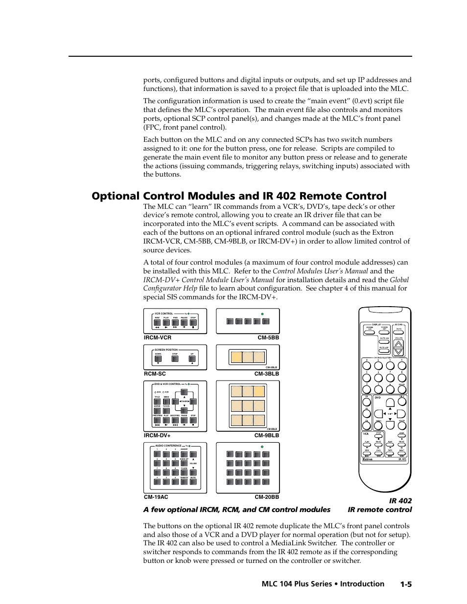 Optional control modules and ir 402 remote control, Preliminar y, 5 mlc 104 plus series • introduction | Extron Electronics MLC 104 Plus Series User Manual | Page 15 / 188