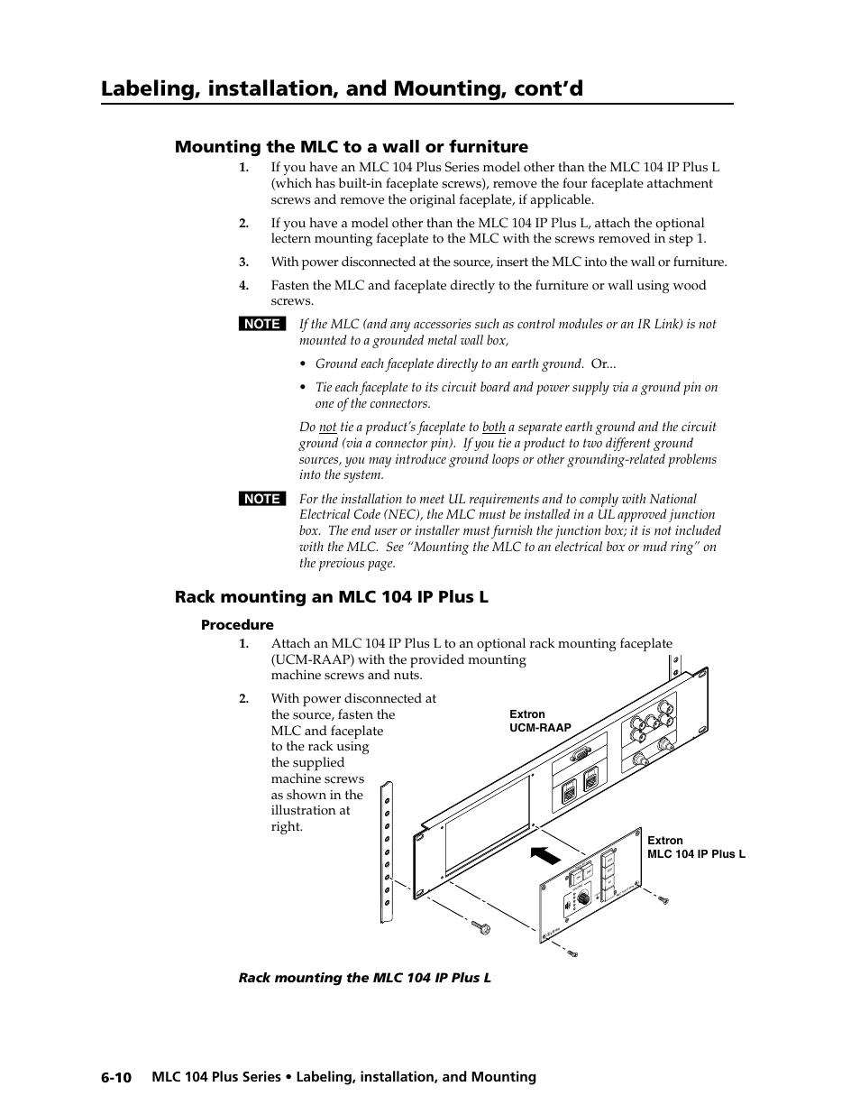 Mounting the mlc to a wall or furniture, Rack mounting an mlc 104 ip plus l, Procedure | Procedure -10, Preliminar y, Labeling, installation, and mounting, cont’d | Extron Electronics MLC 104 Plus Series User Manual | Page 150 / 188