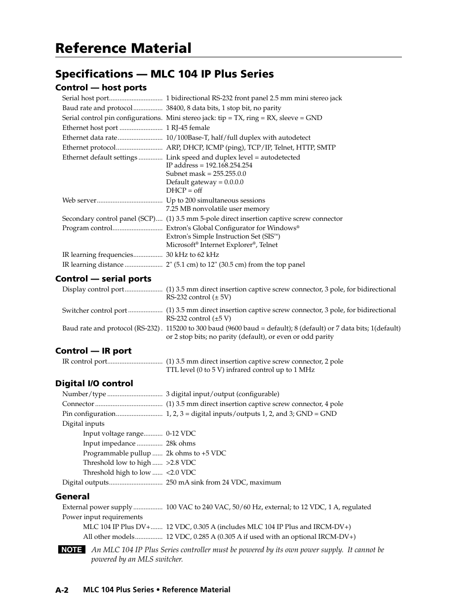 Specifications — mlc 104 ip plus series, Preliminar y, Reference material | Extron Electronics MLC 104 Plus Series User Manual | Page 154 / 188