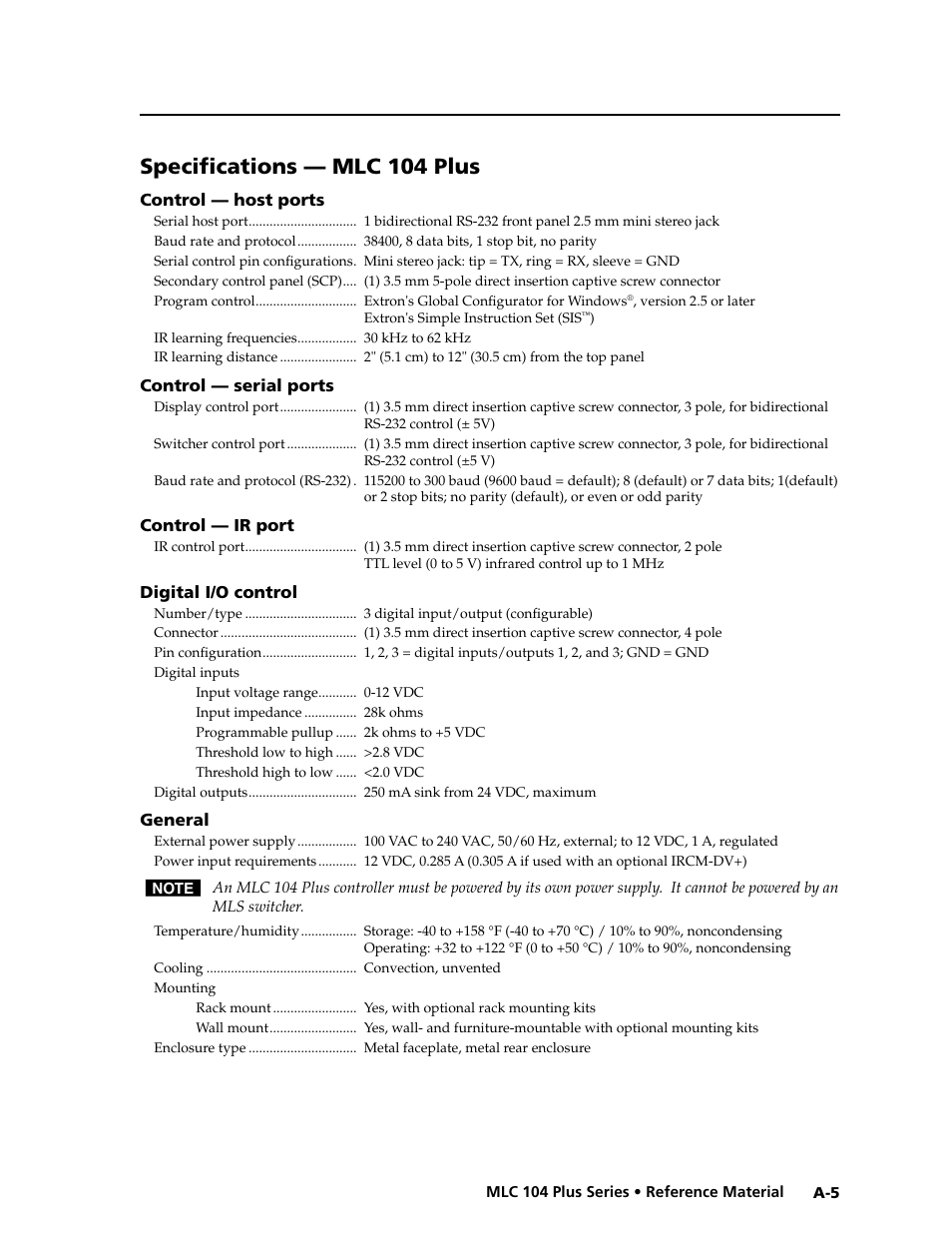 Specifications — mlc 104 plus, Preliminar y | Extron Electronics MLC 104 Plus Series User Manual | Page 157 / 188