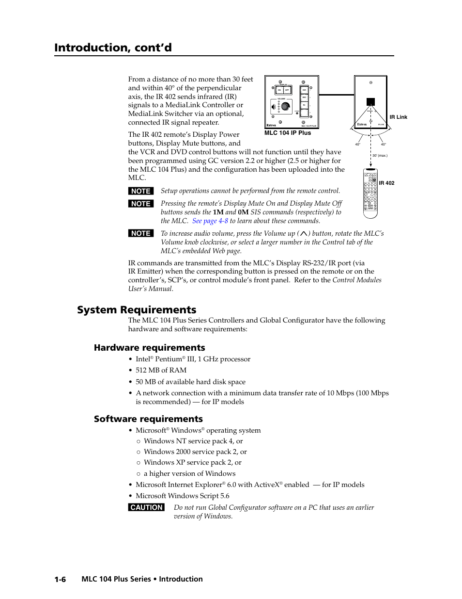 System requirements, Hardware requirements, Software requirements | Hardware requirements -6 software requirements -6, Preliminar y, Introduction, cont’d | Extron Electronics MLC 104 Plus Series User Manual | Page 16 / 188