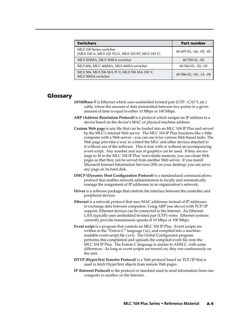 Glossary, Preliminar y | Extron Electronics MLC 104 Plus Series User Manual | Page 161 / 188