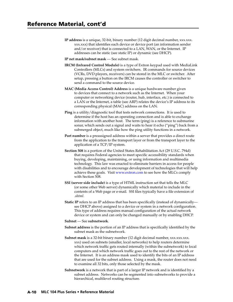 Preliminar y, Reference material, cont’d | Extron Electronics MLC 104 Plus Series User Manual | Page 162 / 188