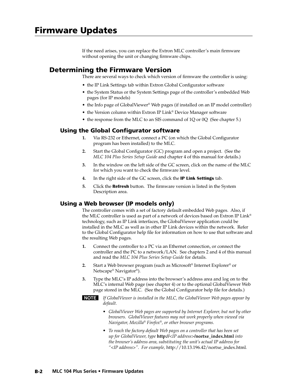 Determining the firmware version, Using the global configurator software, Using a web browser (ip models only) | Preliminar y, Firmware updates | Extron Electronics MLC 104 Plus Series User Manual | Page 172 / 188
