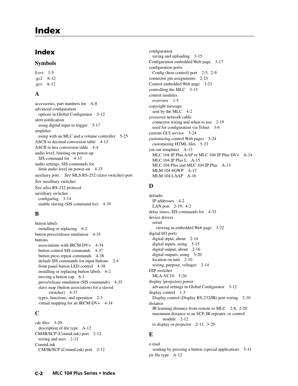 Index, Preliminar y | Extron Electronics MLC 104 Plus Series User Manual | Page 182 / 188