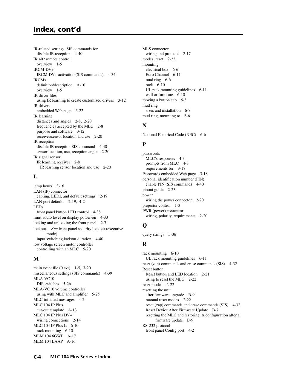 Preliminar y, Index, cont’d | Extron Electronics MLC 104 Plus Series User Manual | Page 184 / 188