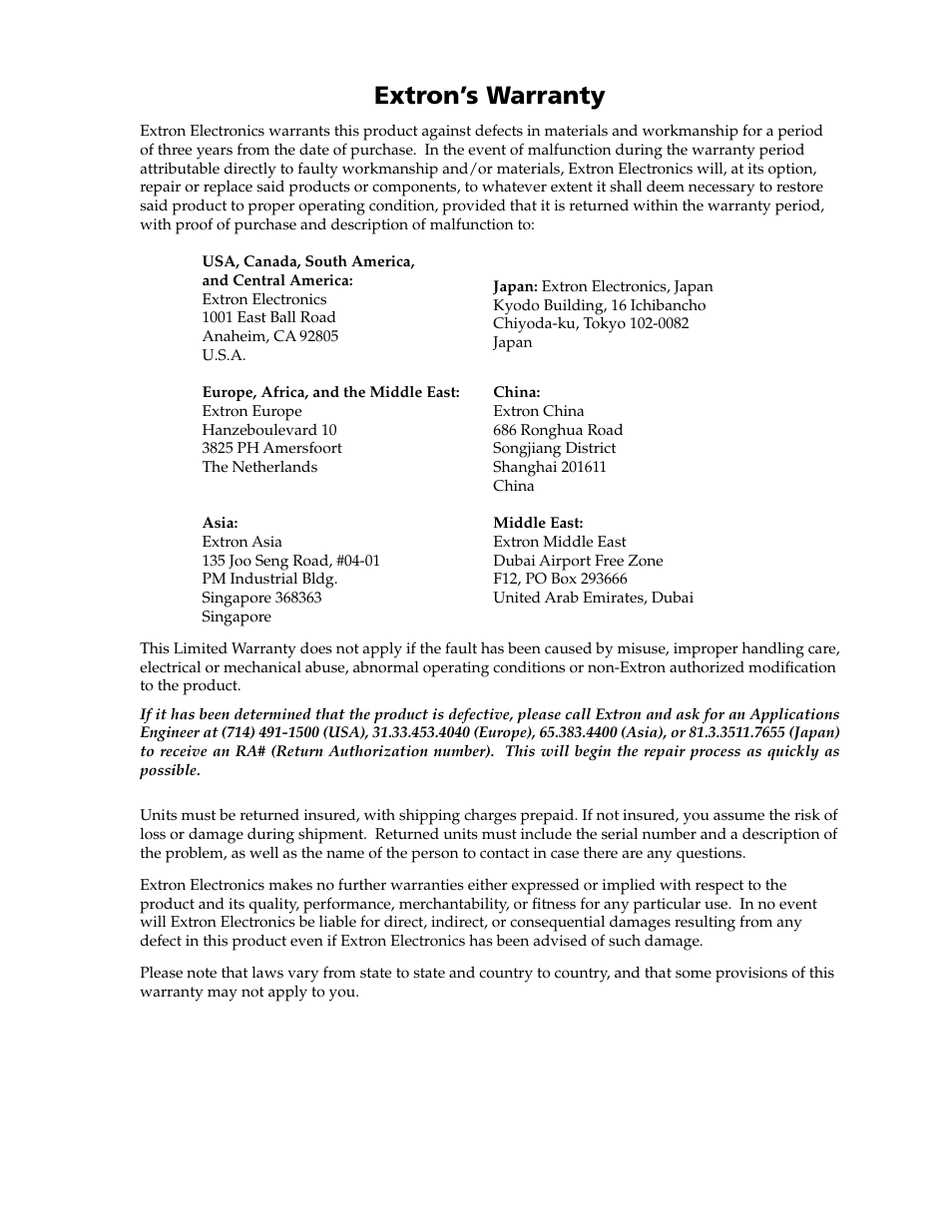 Inside rear cover: warranty, Extron’s warranty | Extron Electronics MLC 104 Plus Series User Manual | Page 187 / 188