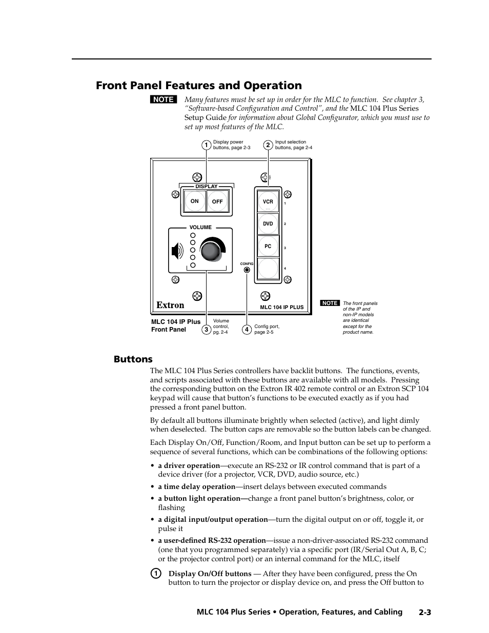 Front panel features and operation, Buttons, Buttons -3 | Preliminar y | Extron Electronics MLC 104 Plus Series User Manual | Page 19 / 188