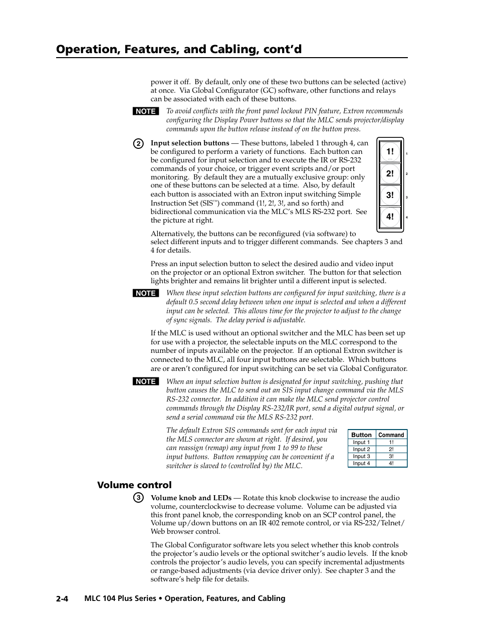 Volume control, Volume control -4, Preliminar y | Operation, features, and cabling, cont’d | Extron Electronics MLC 104 Plus Series User Manual | Page 20 / 188