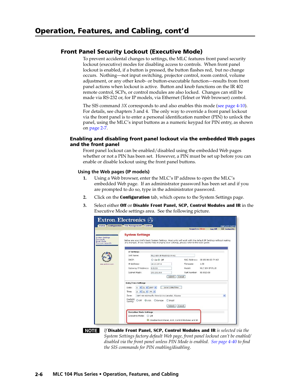 Front panel security lockout (executive mode), Front panel security lockout (executive mode) -6, And the front panel -6 | Preliminar y, Operation, features, and cabling, cont’d | Extron Electronics MLC 104 Plus Series User Manual | Page 22 / 188