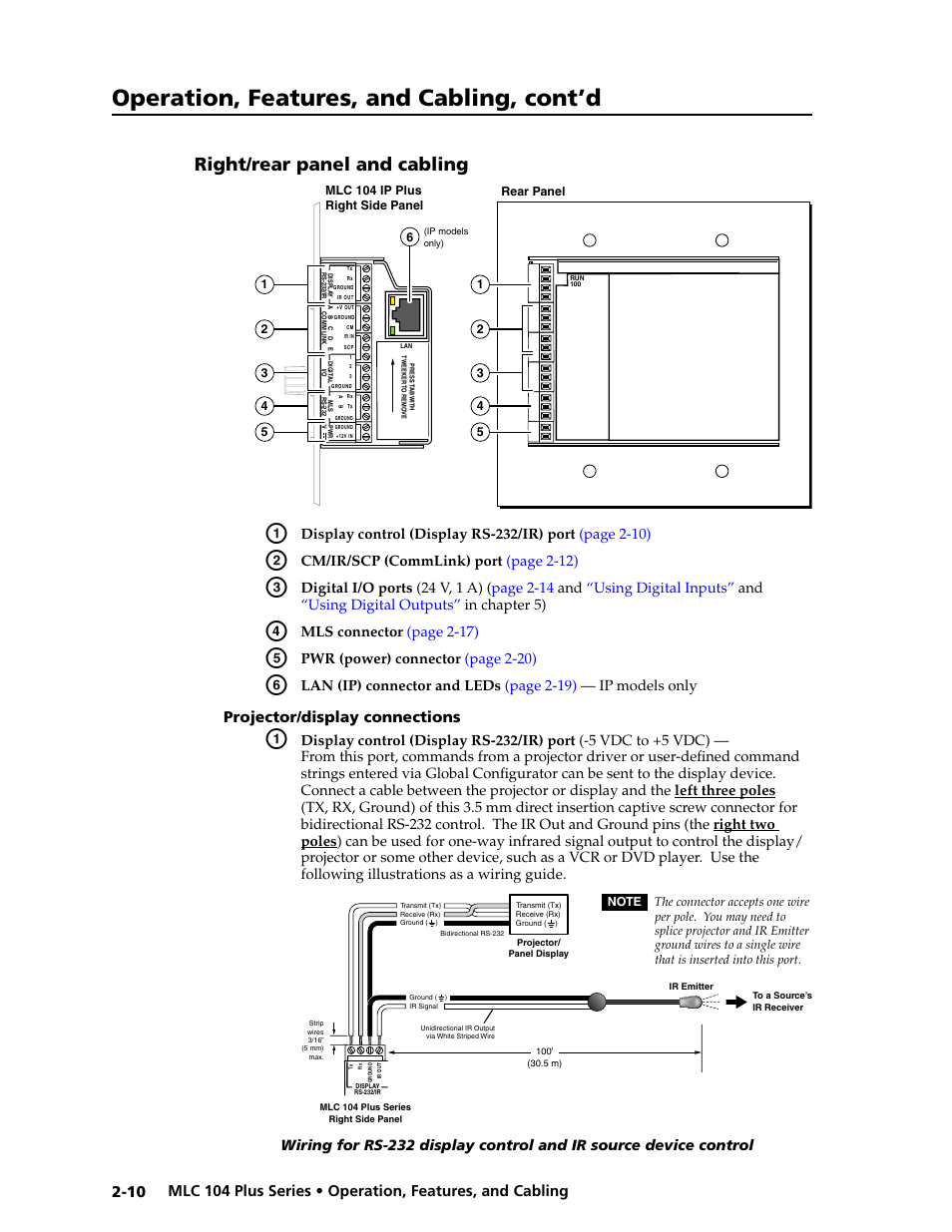 Right/rear panel and cabling, Projector/display connections, Right/rear panel and cabling -10 | Projector/display connections -10, Preliminar y, Operation, features, and cabling, cont’d | Extron Electronics MLC 104 Plus Series User Manual | Page 26 / 188