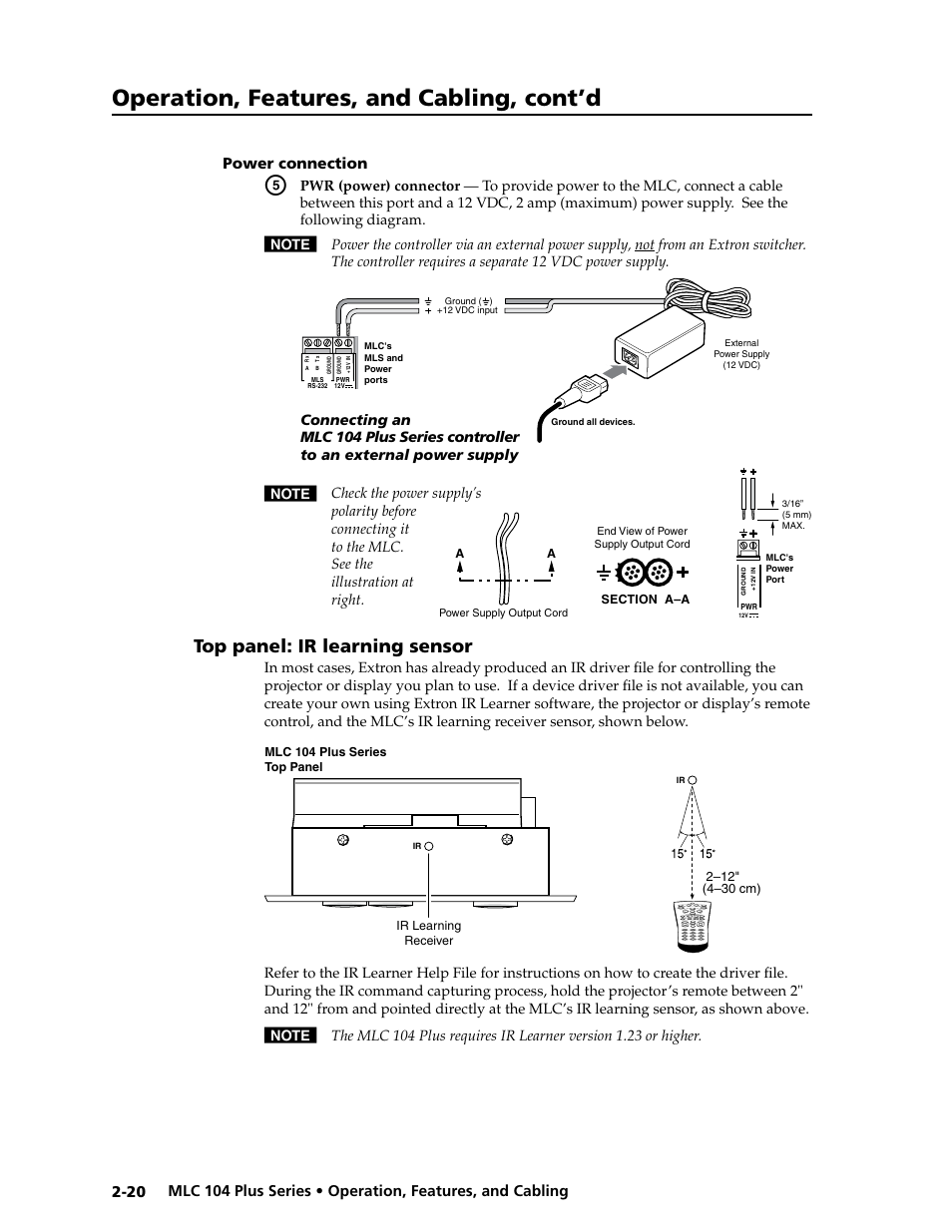 Power connection, Top panel: ir learning sensor, Power connection -20 | Top panel: ir learning sensor -20, Preliminar y, Operation, features, and cabling, cont’d | Extron Electronics MLC 104 Plus Series User Manual | Page 36 / 188