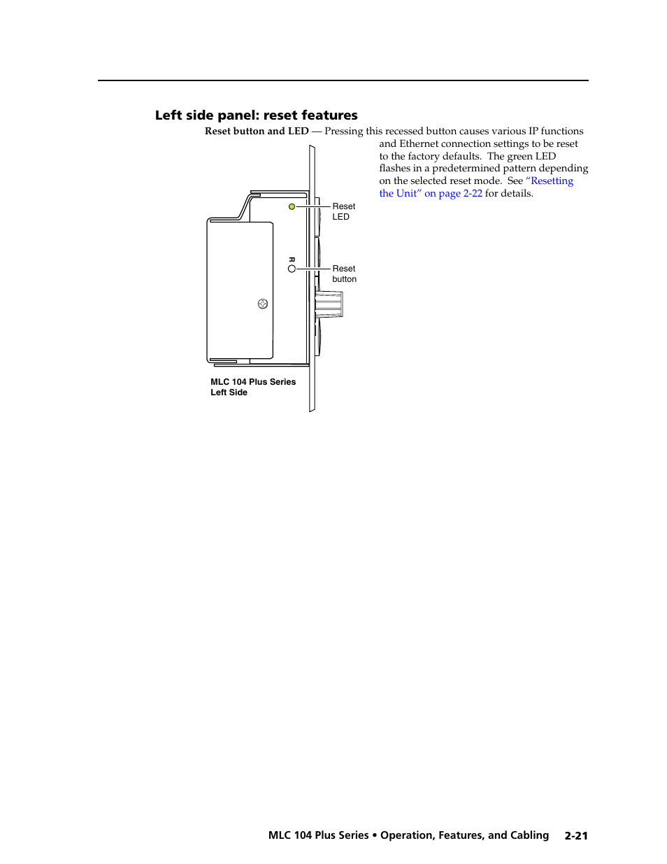 Left side panel: reset features, Left side panel: reset features -21, Preliminar y | Extron Electronics MLC 104 Plus Series User Manual | Page 37 / 188