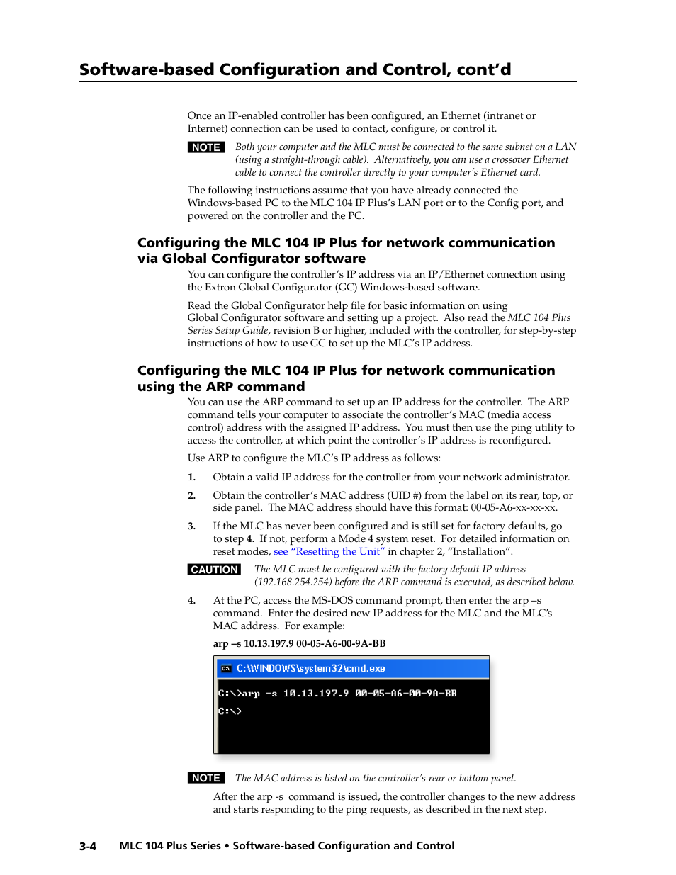 Using the arp command -4, Preliminar y, Software-based configuration and control, cont’d | Extron Electronics MLC 104 Plus Series User Manual | Page 44 / 188