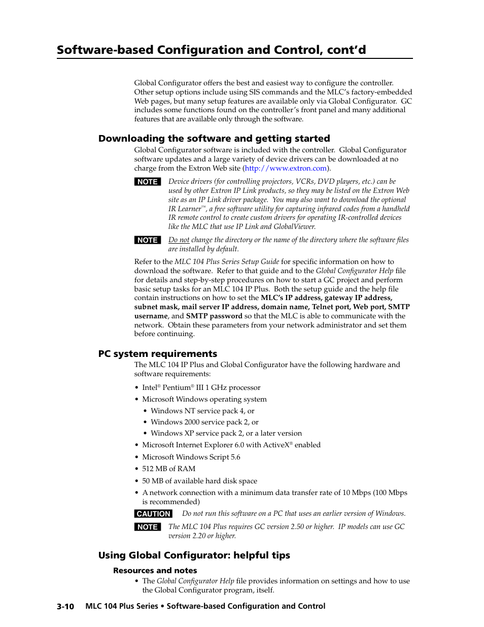 Downloading the software and getting started, Pc system requirements, Using global configurator: helpful tips | Resources and notes, Resources and notes -10, Preliminar y, Software-based configuration and control, cont’d | Extron Electronics MLC 104 Plus Series User Manual | Page 50 / 188