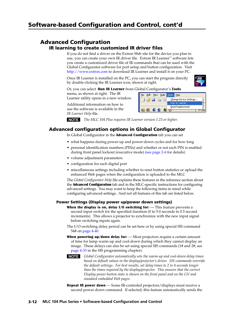 Advanced configuration, Ir learning to create customized ir driver files, Preliminar y | Software-based configuration and control, cont’d | Extron Electronics MLC 104 Plus Series User Manual | Page 52 / 188