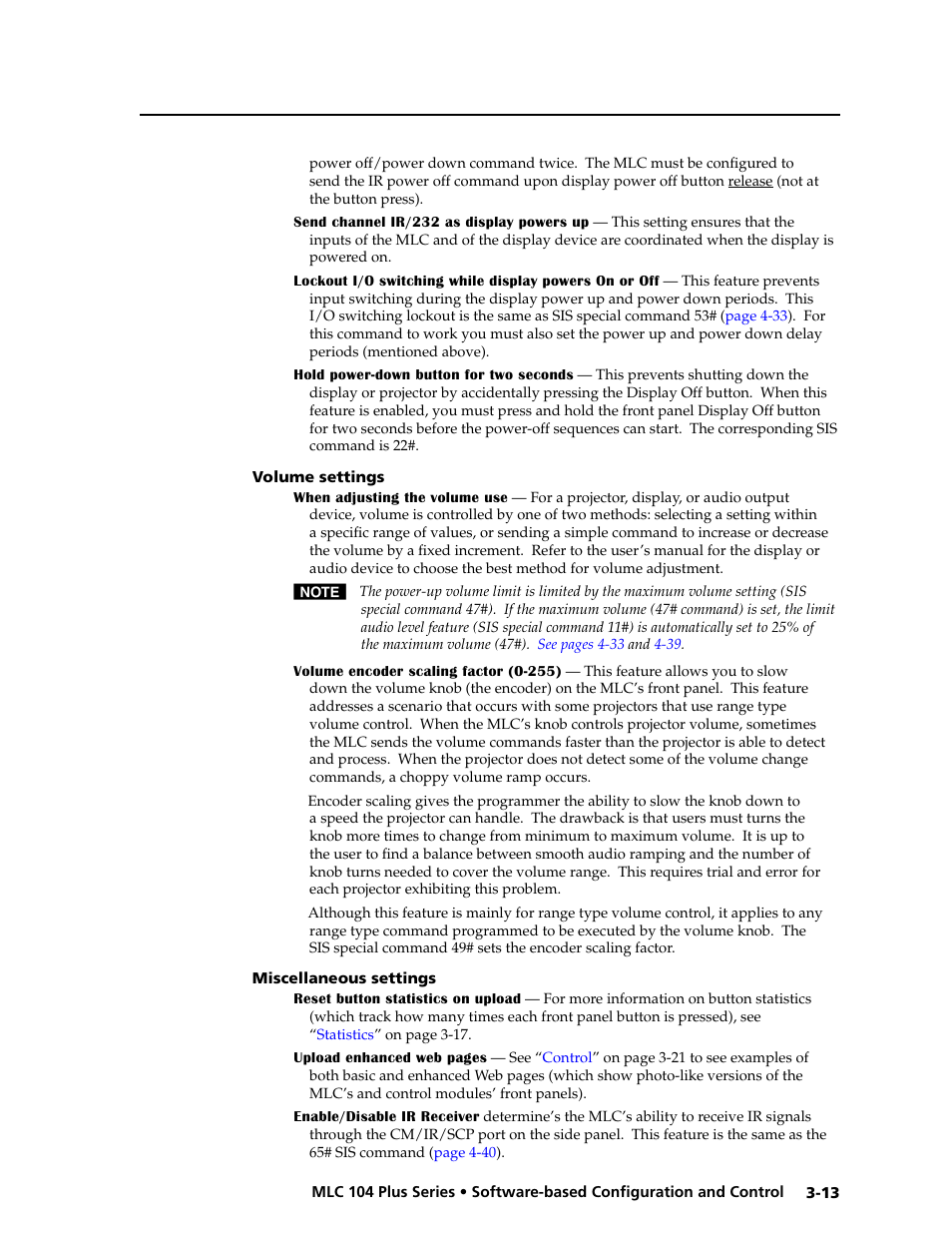 Volume settings, Miscellaneous settings, Volume settings -13 miscellaneous settings -13 | Preliminar y | Extron Electronics MLC 104 Plus Series User Manual | Page 53 / 188