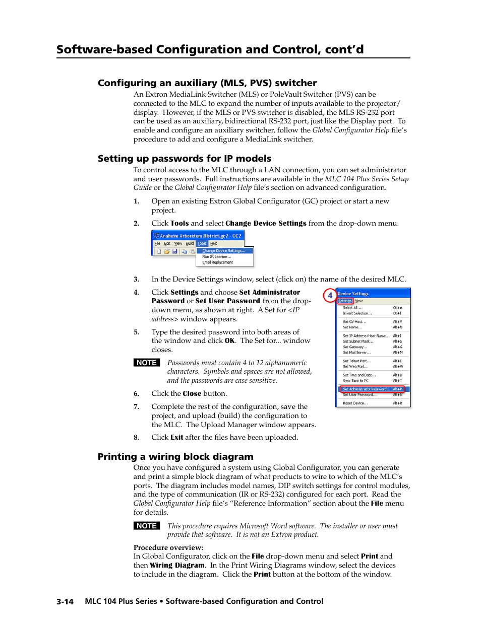 Configuring an auxiliary (mls, pvs) switcher, Setting up passwords for ip models, Printing a wiring block diagram | Preliminar y, Software-based configuration and control, cont’d | Extron Electronics MLC 104 Plus Series User Manual | Page 54 / 188