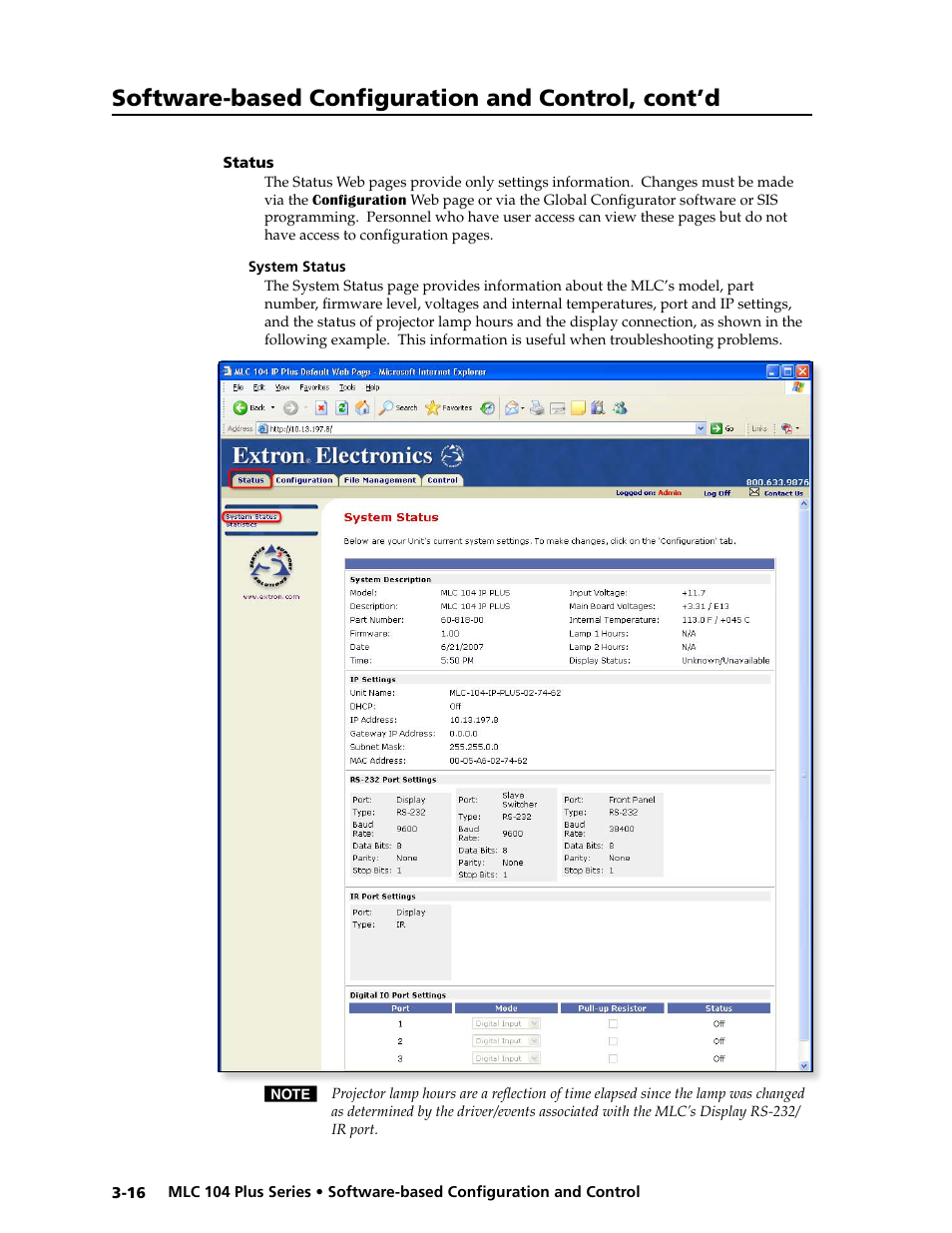 Status, System status, Status -16 | System status -16, Preliminar y, Software-based configuration and control, cont’d | Extron Electronics MLC 104 Plus Series User Manual | Page 56 / 188