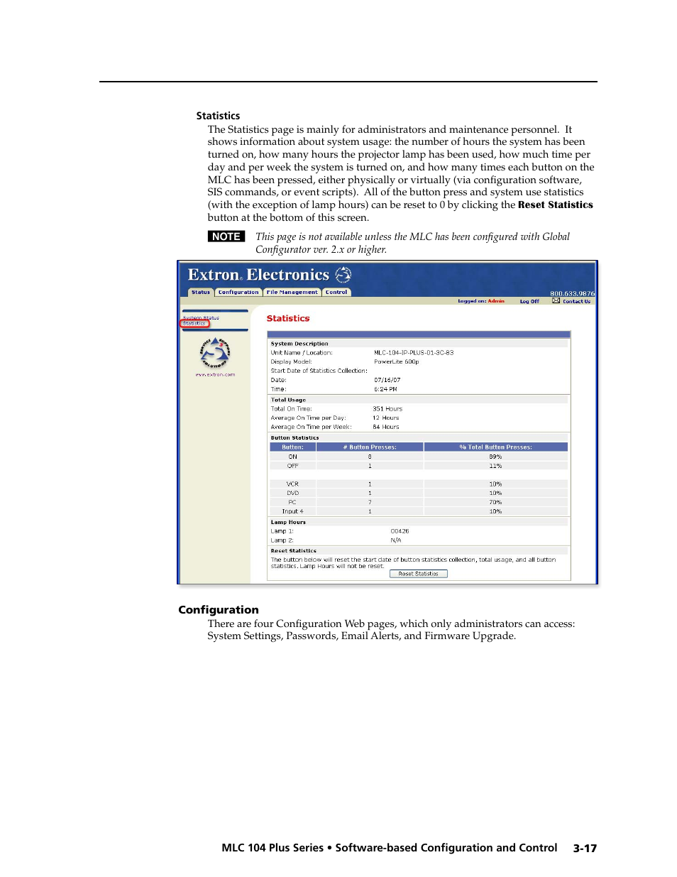 Statistics, Configuration, Statistics -17 | Configuration -17, Preliminar y | Extron Electronics MLC 104 Plus Series User Manual | Page 57 / 188