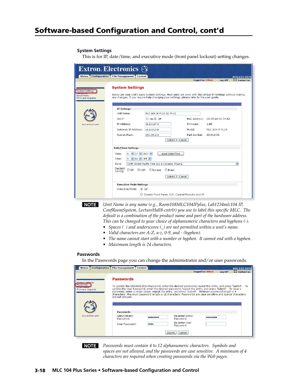 System settings, Passwords, System settings -18 passwords -18 | Preliminar y, Software-based configuration and control, cont’d | Extron Electronics MLC 104 Plus Series User Manual | Page 58 / 188