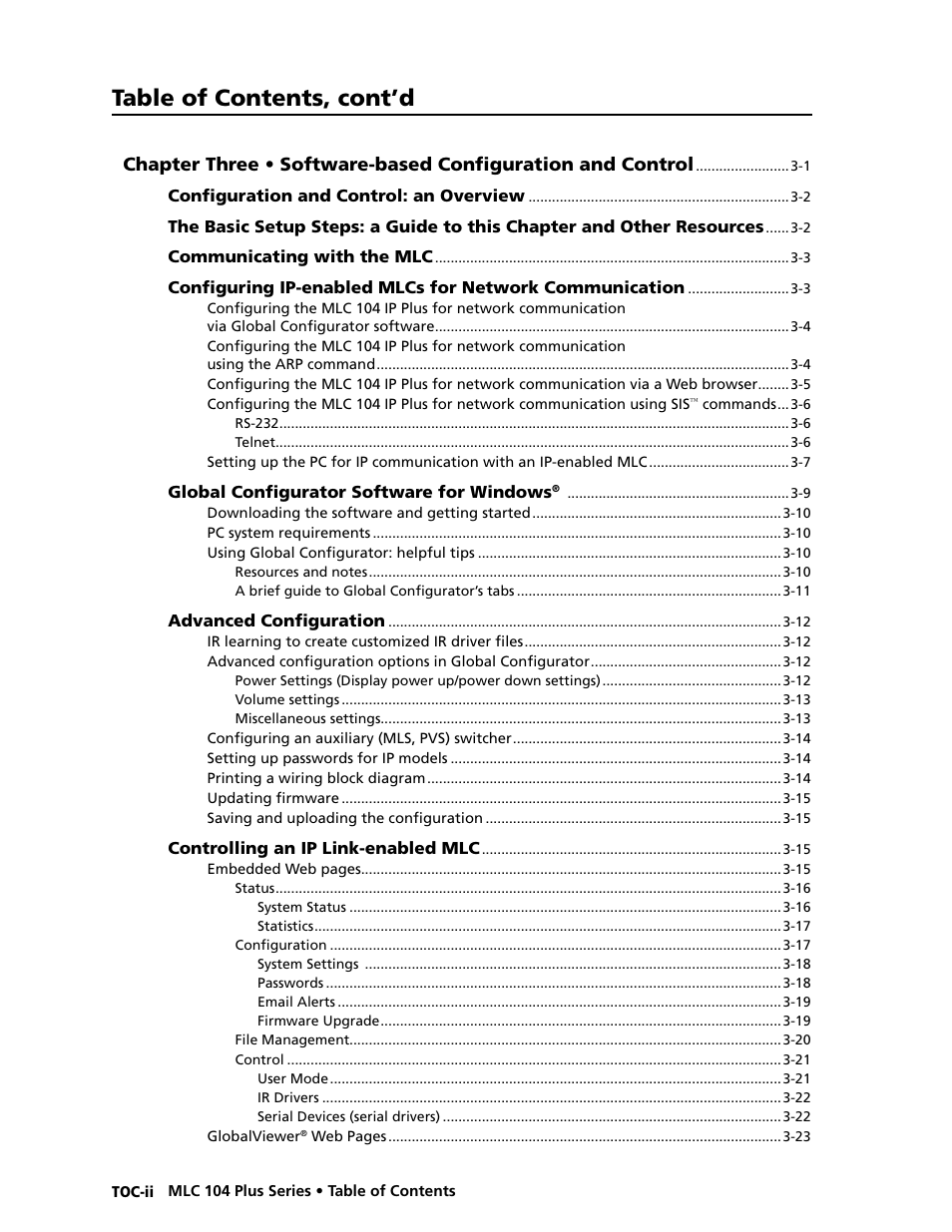 Preliminar y, Table of contents, cont’d | Extron Electronics MLC 104 Plus Series User Manual | Page 6 / 188