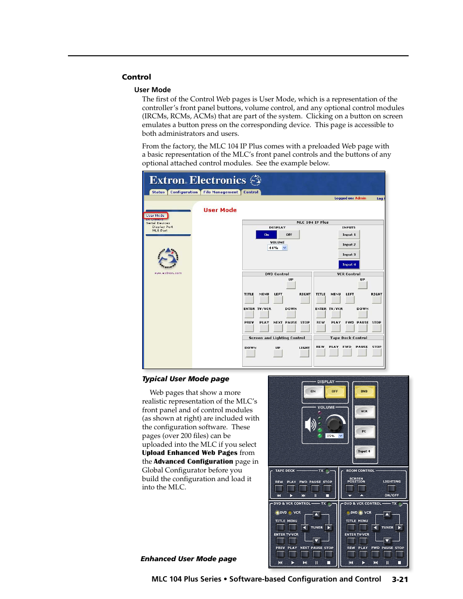 Control, User mode, Control -21 | User mode -21, Preliminar y | Extron Electronics MLC 104 Plus Series User Manual | Page 61 / 188