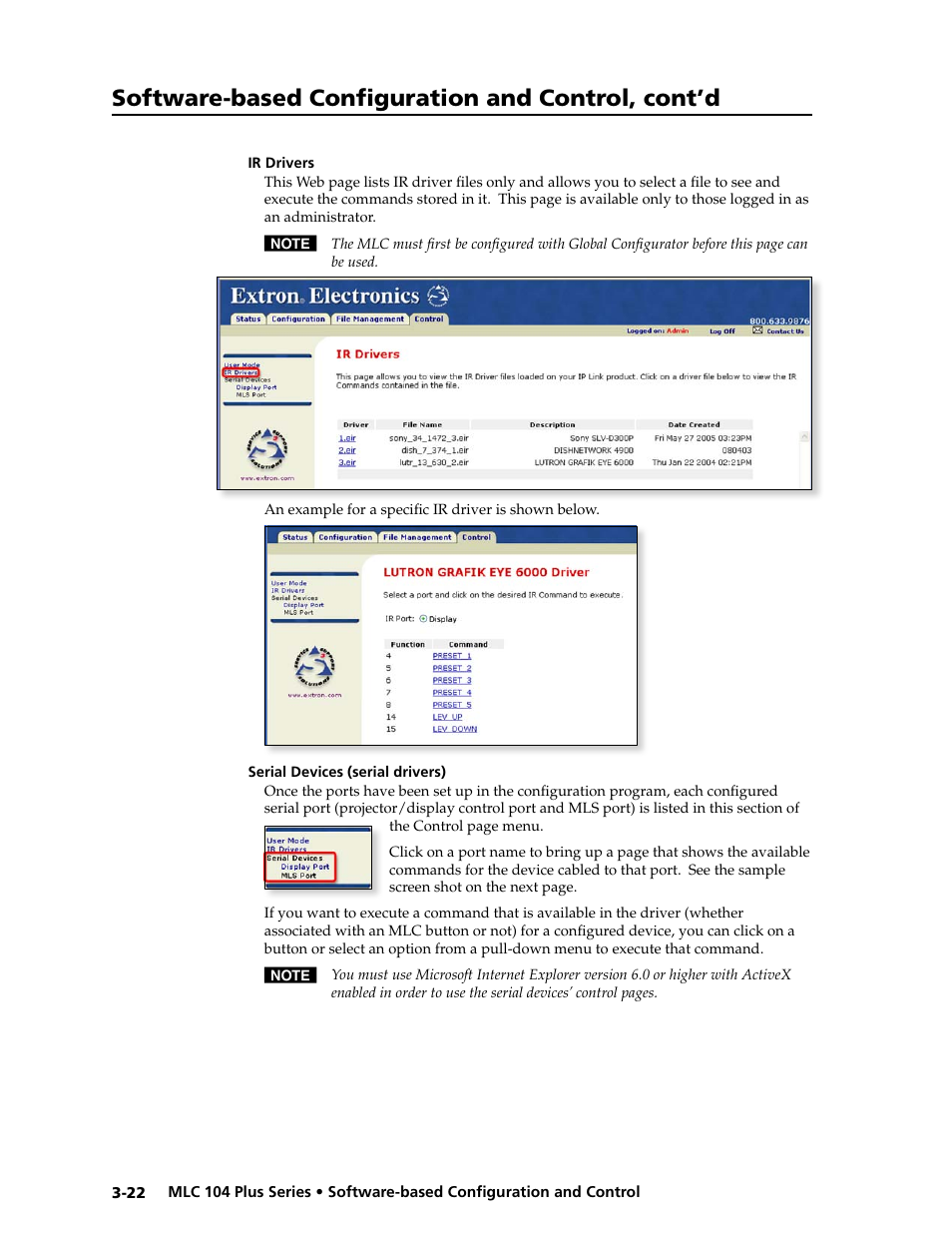 Ir drivers, Serial devices (serial drivers), Preliminar y | Software-based configuration and control, cont’d | Extron Electronics MLC 104 Plus Series User Manual | Page 62 / 188