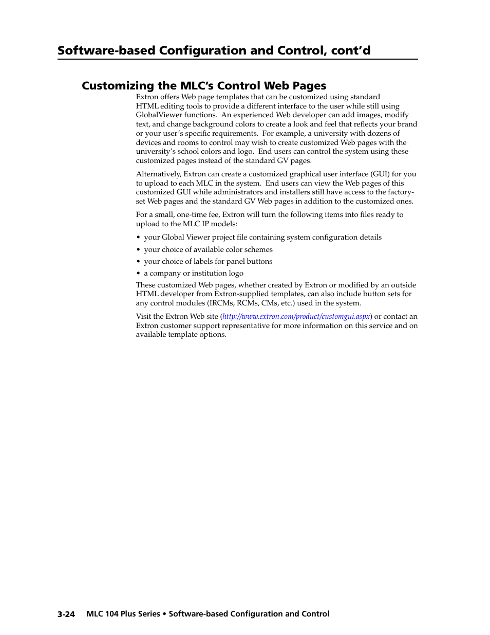 Preliminar y, Software-based configuration and control, cont’d, Customizing the mlc’s control web pages | Extron Electronics MLC 104 Plus Series User Manual | Page 64 / 188
