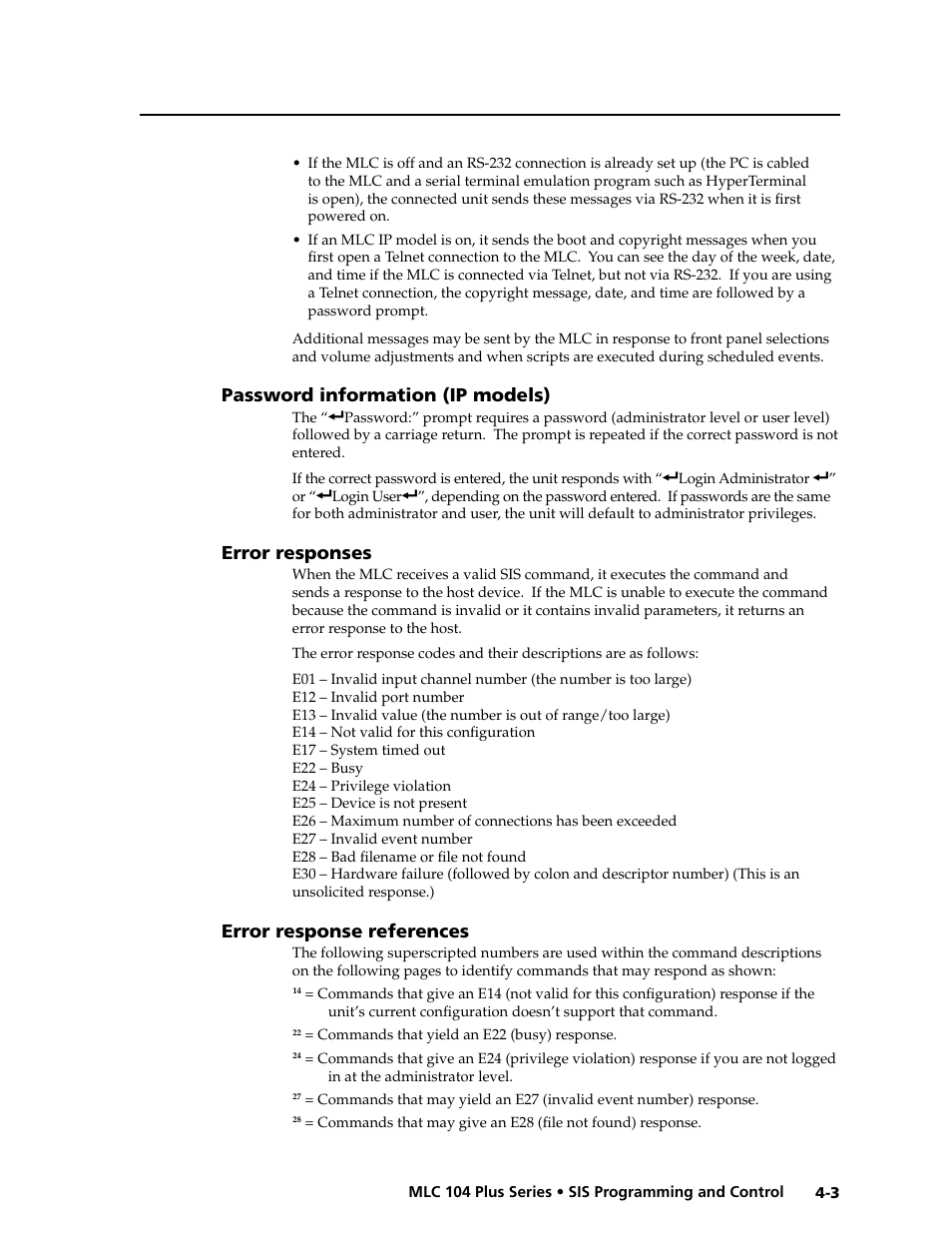 Password information (ip models), Error responses, Error response references | Preliminar y | Extron Electronics MLC 104 Plus Series User Manual | Page 67 / 188