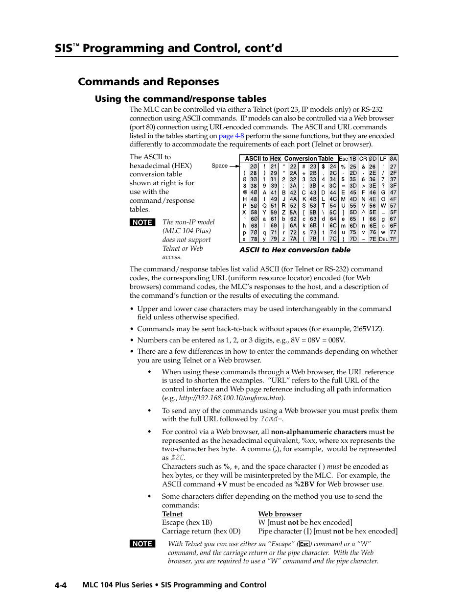 Commands and reponses, Using the command/response tables, Using the command/response tables -4 | Preliminar y, Programming and control, cont’d | Extron Electronics MLC 104 Plus Series User Manual | Page 68 / 188