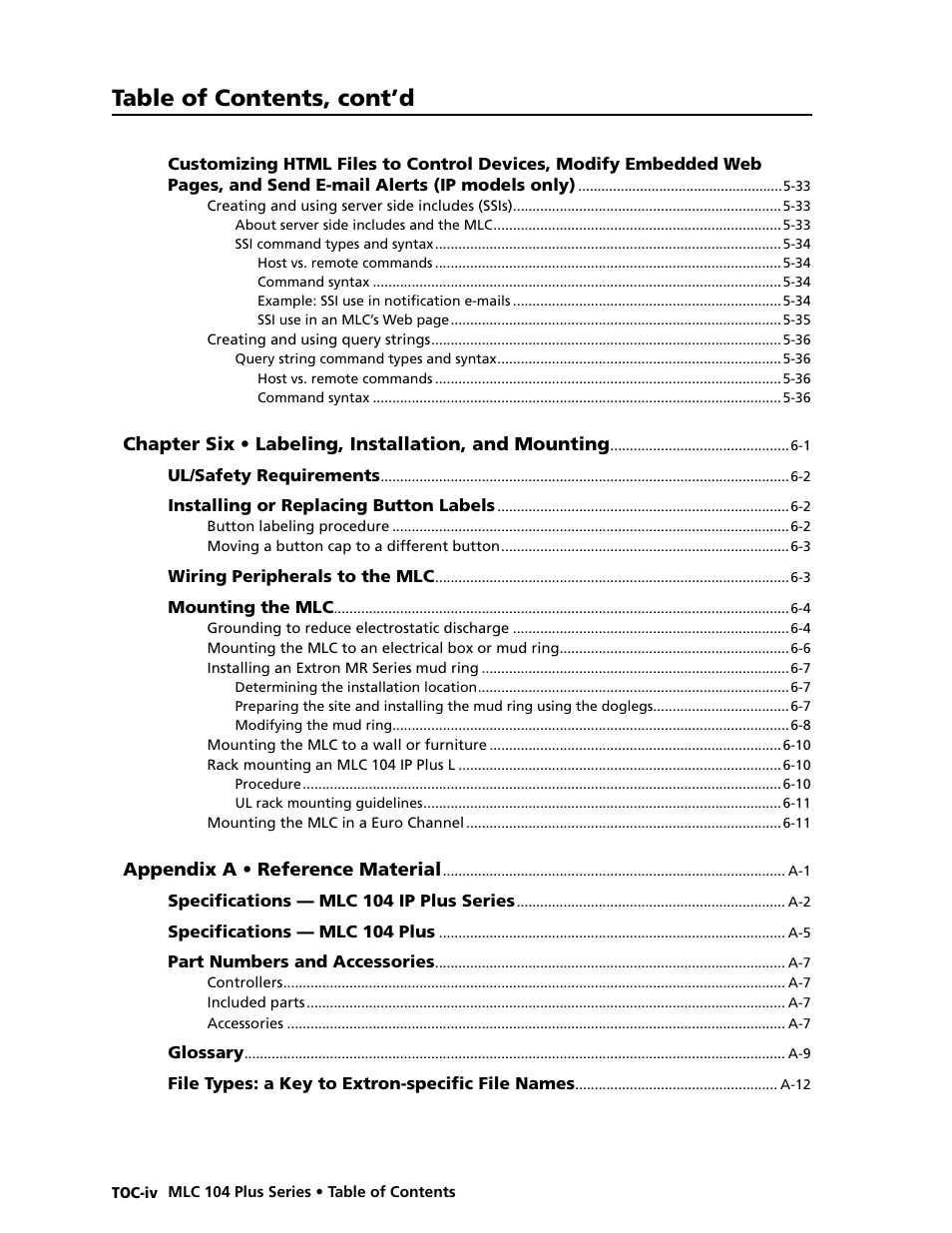 Preliminar y, Table of contents, cont’d | Extron Electronics MLC 104 Plus Series User Manual | Page 8 / 188