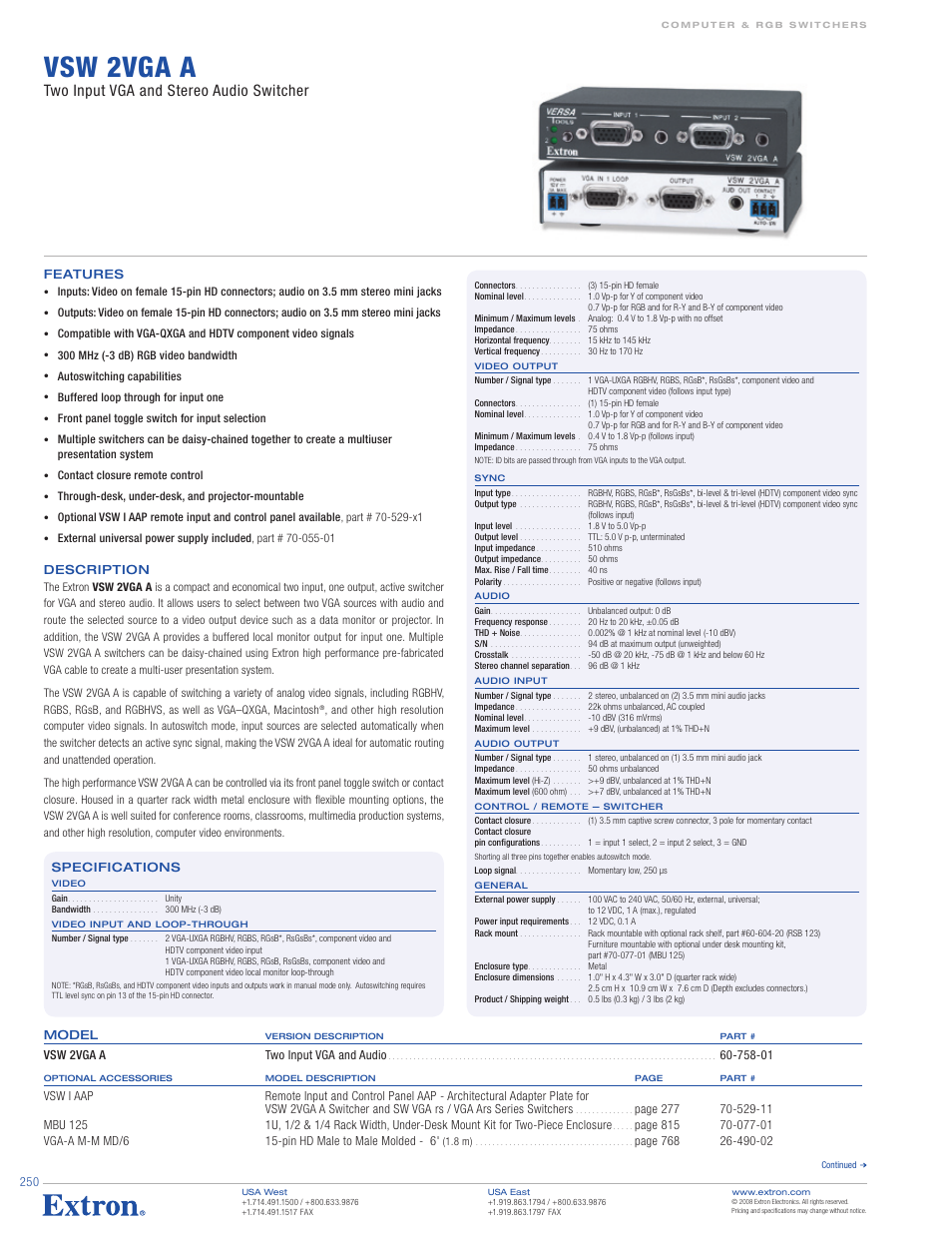 Extron electronic VSW 2VGA A User Manual | 2 pages