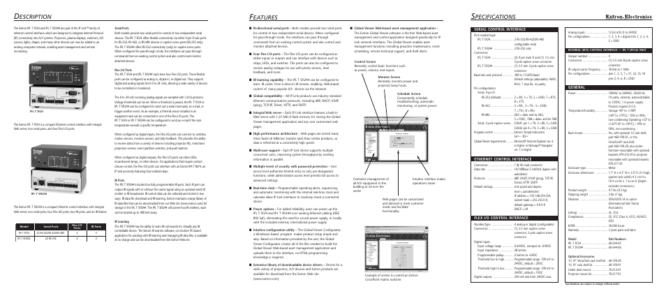 Pecifications, Escription, Eatures | Extron electronic IP Link IPL T SF2 User Manual | Page 2 / 6