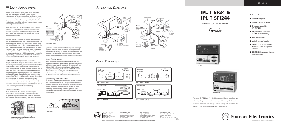 Ip l, Anel, Rawings | Pplication, Iagrams, Pplications, Ethernet control interfaces, Ip link, Ipl t sf24 (front) ipl t sf24 (back), Theft alert | Extron electronic IP Link IPL T SF2 User Manual | Page 5 / 6